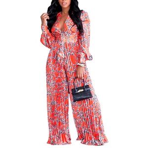 L'ATISTE Balloon Sleeve Pleated Wide Leg Jumpsuit Tie Front Women's Large Orange